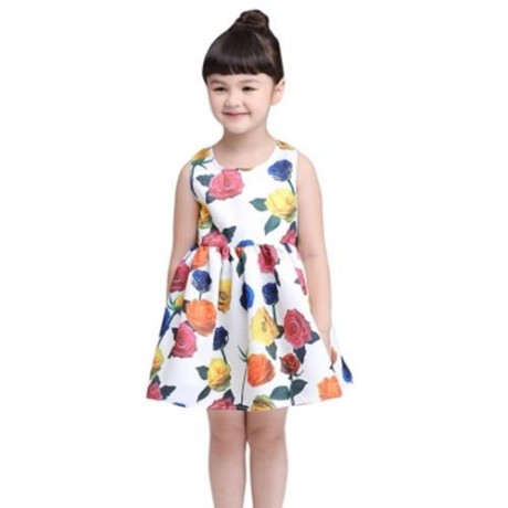 KIMOCAT SLEEVELESS ZIPPER FLORAL PRINT KID TANK DRESS FOR GIRLS (WHITE)