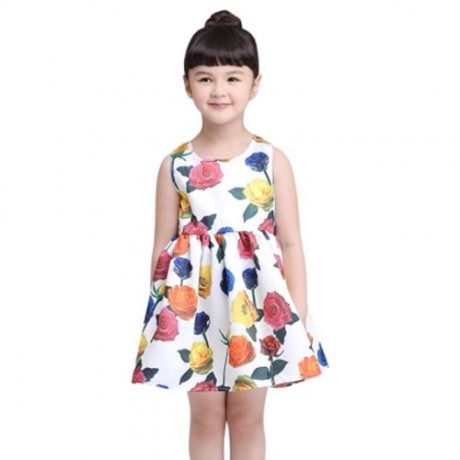 KIMOCAT SLEEVELESS ZIPPER FLORAL PRINT KID TANK DRESS FOR GIRLS (WHITE)