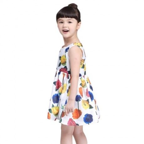 KIMOCAT SLEEVELESS ZIPPER FLORAL PRINT KID TANK DRESS FOR GIRLS (WHITE)