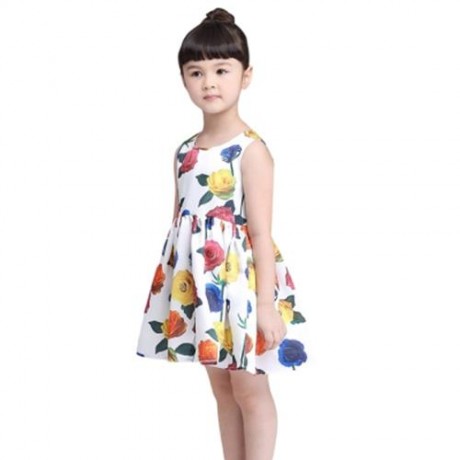 KIMOCAT SLEEVELESS ZIPPER FLORAL PRINT KID TANK DRESS FOR GIRLS (WHITE)