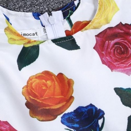 KIMOCAT SLEEVELESS ZIPPER FLORAL PRINT KID TANK DRESS FOR GIRLS (WHITE)