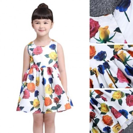 KIMOCAT SLEEVELESS ZIPPER FLORAL PRINT KID TANK DRESS FOR GIRLS (WHITE)