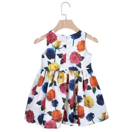 KIMOCAT SLEEVELESS ZIPPER FLORAL PRINT KID TANK DRESS FOR GIRLS (WHITE)