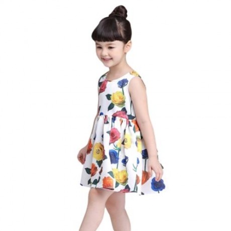 KIMOCAT SLEEVELESS ZIPPER FLORAL PRINT KID TANK DRESS FOR GIRLS (WHITE)