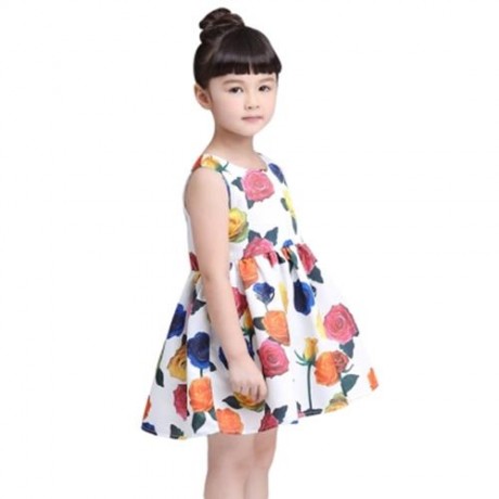 KIMOCAT SLEEVELESS ZIPPER FLORAL PRINT KID TANK DRESS FOR GIRLS (WHITE)