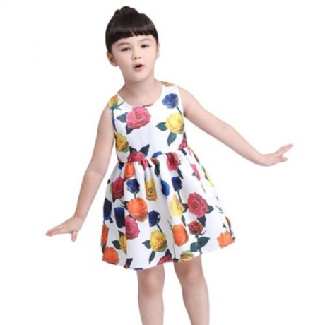 KIMOCAT SLEEVELESS ZIPPER FLORAL PRINT KID TANK DRESS FOR GIRLS (WHITE)