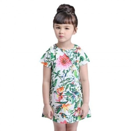 KIMOCAT CUTE PLANT PRINTED SHORT SLEEVE A LINE DRESS FOR GIRLS (COLORMIX)