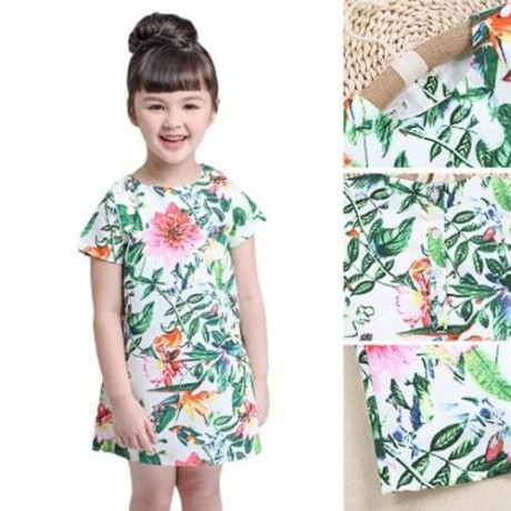 KIMOCAT CUTE PLANT PRINTED SHORT SLEEVE A LINE DRESS FOR GIRLS (COLORMIX)