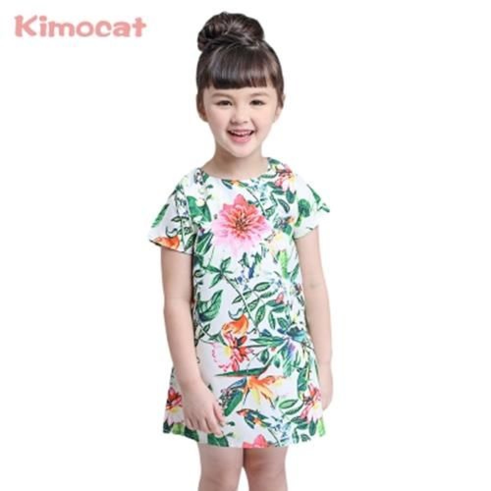 KIMOCAT CUTE PLANT PRINTED SHORT SLEEVE A LINE DRESS FOR GIRLS (COLORMIX)