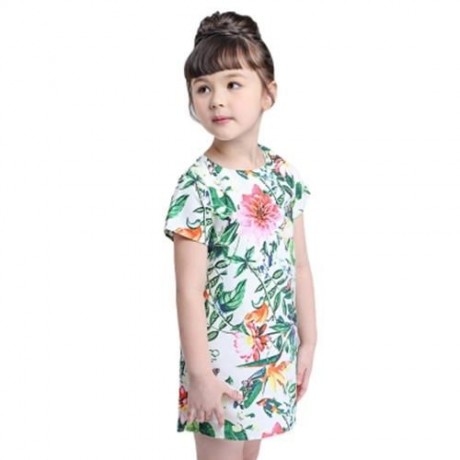 KIMOCAT CUTE PLANT PRINTED SHORT SLEEVE A LINE DRESS FOR GIRLS (COLORMIX)