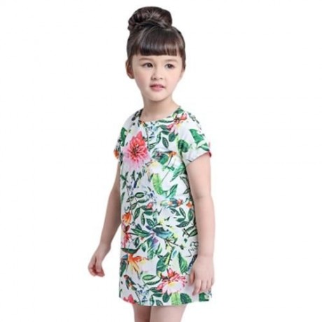 KIMOCAT CUTE PLANT PRINTED SHORT SLEEVE A LINE DRESS FOR GIRLS (COLORMIX)