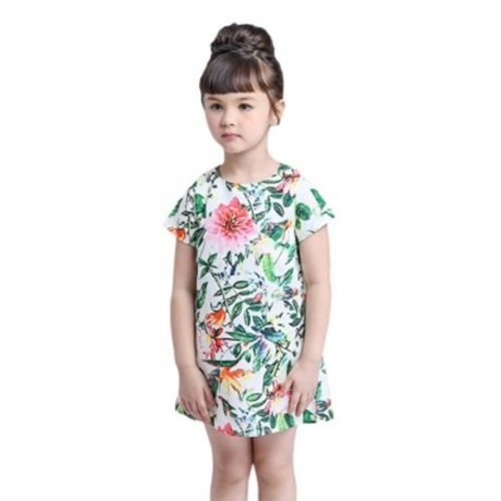 KIMOCAT CUTE PLANT PRINTED SHORT SLEEVE A LINE DRESS FOR GIRLS (COLORMIX)