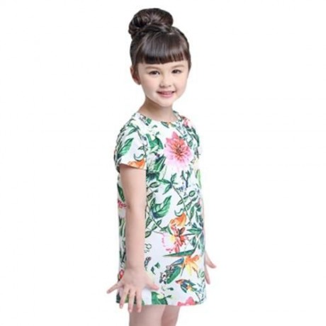 KIMOCAT CUTE PLANT PRINTED SHORT SLEEVE A LINE DRESS FOR GIRLS (COLORMIX)