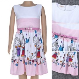 XIRUBABY GIRLS CUTE CARTOON PRINTED ZIPPER SLEEVELESS TANK DRESS (PINK)