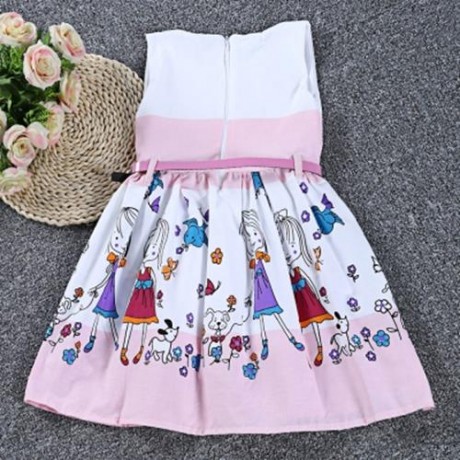 XIRUBABY GIRLS CUTE CARTOON PRINTED ZIPPER SLEEVELESS TANK DRESS (PINK)