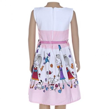 XIRUBABY GIRLS CUTE CARTOON PRINTED ZIPPER SLEEVELESS TANK DRESS (PINK)