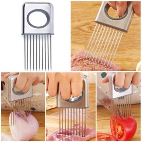 STAINLESS STEEL ONION HOLDER FORK TOMATO POTATO CUTTING AID (SILVER)