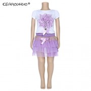 KEAIYOUHUO GIRLS CLOTHING SET FLORAL PRINT T-SHIRT BUBBLE SKIRT (PURPLE)