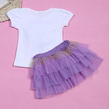 KEAIYOUHUO GIRLS CLOTHING SET FLORAL PRINT T-SHIRT BUBBLE SKIRT (PURPLE)