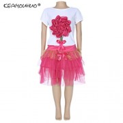 KEAIYOUHUO GIRLS CLOTHING SET FLORAL PRINT T-SHIRT BUBBLE SKIRT (ROSE MADDER)