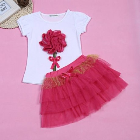KEAIYOUHUO GIRLS CLOTHING SET FLORAL PRINT T-SHIRT BUBBLE SKIRT (ROSE MADDER)