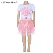 KEAIYOUHUO GIRLS CLOTHING SET FLORAL PRINT T-SHIRT BUBBLE SKIRT (PINK)