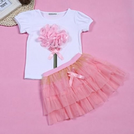 KEAIYOUHUO GIRLS CLOTHING SET FLORAL PRINT T-SHIRT BUBBLE SKIRT (PINK)