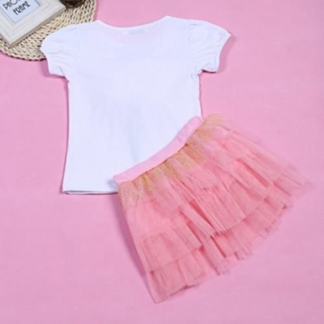 KEAIYOUHUO GIRLS CLOTHING SET FLORAL PRINT T-SHIRT BUBBLE SKIRT (PINK)