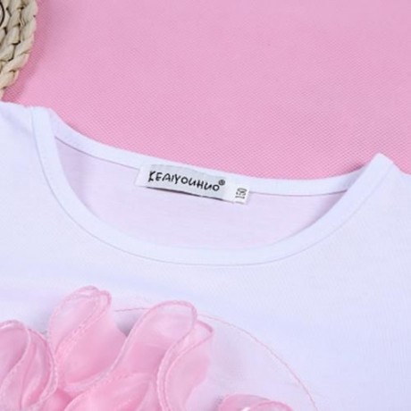 KEAIYOUHUO GIRLS CLOTHING SET FLORAL PRINT T-SHIRT BUBBLE SKIRT (PINK)