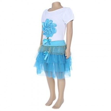 KEAIYOUHUO GIRLS CLOTHING SET FLORAL PRINT T-SHIRT BUBBLE SKIRT (LIGHT BLUE)