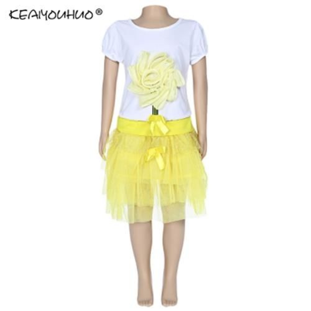 KEAIYOUHUO GIRLS CLOTHING SET FLORAL PRINT T-SHIRT BUBBLE SKIRT (GOLDEN)