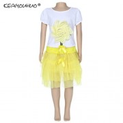 KEAIYOUHUO GIRLS CLOTHING SET FLORAL PRINT T-SHIRT BUBBLE SKIRT (GOLDEN)