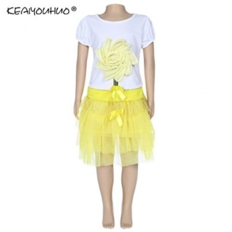 KEAIYOUHUO GIRLS CLOTHING SET FLORAL PRINT T-SHIRT BUBBLE SKIRT (GOLDEN)