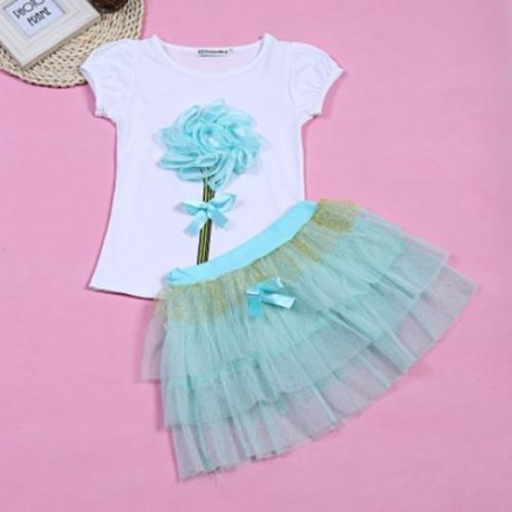 KEAIYOUHUO GIRLS CLOTHING SET FLORAL PRINT T-SHIRT BUBBLE SKIRT (LIGHT GREEN)