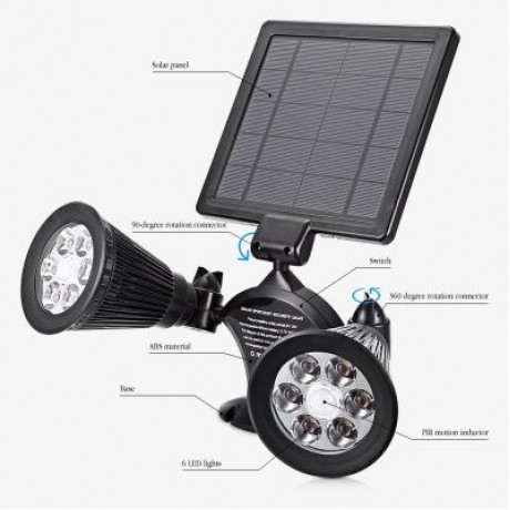 Solar Security Spotlight Dual-head Light for Yard (BLACK)