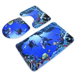 3PCS BLUE OCEAN STYLE PEDESTAL RUG   TOILET COVER   BATH MAT (MULTICOLOR)