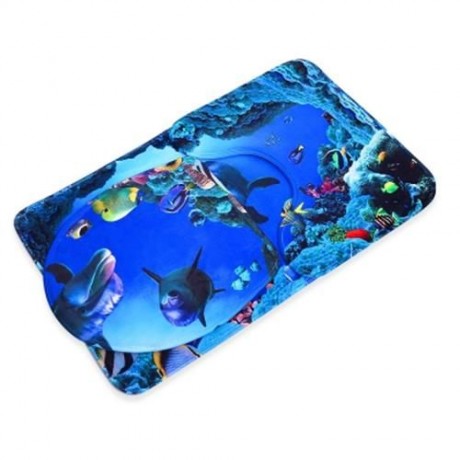 3PCS BLUE OCEAN STYLE PEDESTAL RUG   TOILET COVER   BATH MAT (MULTICOLOR)