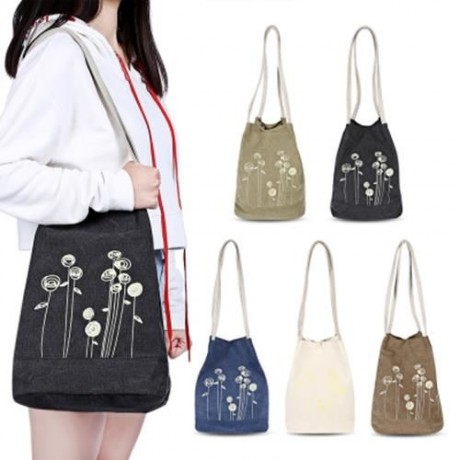 GUAPABIEN CANVAS HANDBAG FLOWER PRINT BUCKET SHOULDER BAG (COFFEE)