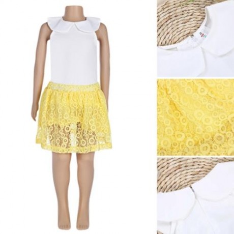 SOSOCOER 2PCS GIRLS SLEEVELESS CHIFFON TANK TOP LACE SKIRT (GOLD AND WHITE)