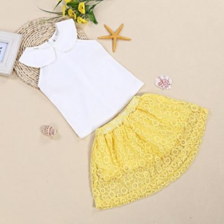 SOSOCOER 2PCS GIRLS SLEEVELESS CHIFFON TANK TOP LACE SKIRT (GOLD AND WHITE)