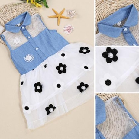 GIRLS SLEEVELESS DENIM FLORAL PRINT HOLLOW OUT SPLICED DRESS (PINK)