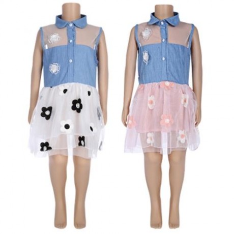 GIRLS SLEEVELESS DENIM FLORAL PRINT HOLLOW OUT SPLICED DRESS (PINK)