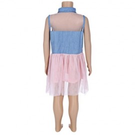 GIRLS SLEEVELESS DENIM FLORAL PRINT HOLLOW OUT SPLICED DRESS (PINK)