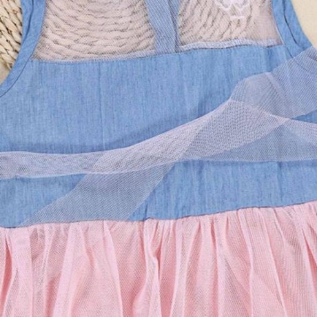 GIRLS SLEEVELESS DENIM FLORAL PRINT HOLLOW OUT SPLICED DRESS (PINK)
