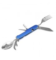 Multifunctional 6 in 1 Stainless Steel Folding Knife Spoon Fork (BLUE)