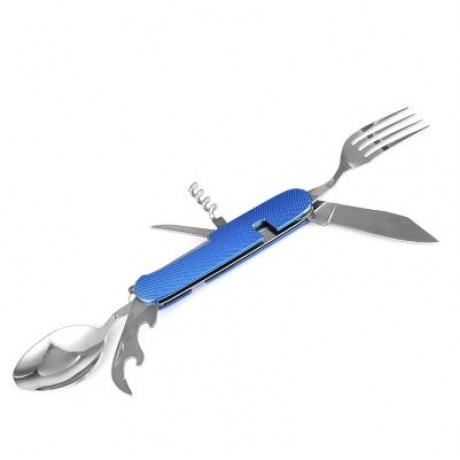Multifunctional 6 in 1 Stainless Steel Folding Knife Spoon Fork (BLUE)
