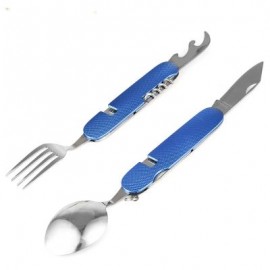 Multifunctional 6 in 1 Stainless Steel Folding Knife Spoon Fork (BLUE)