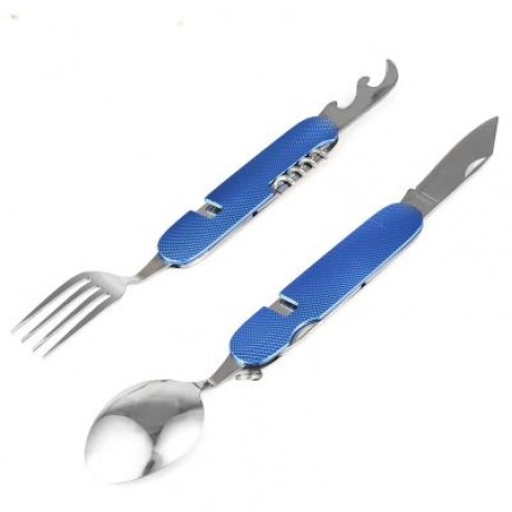 Multifunctional 6 in 1 Stainless Steel Folding Knife Spoon Fork (BLUE)