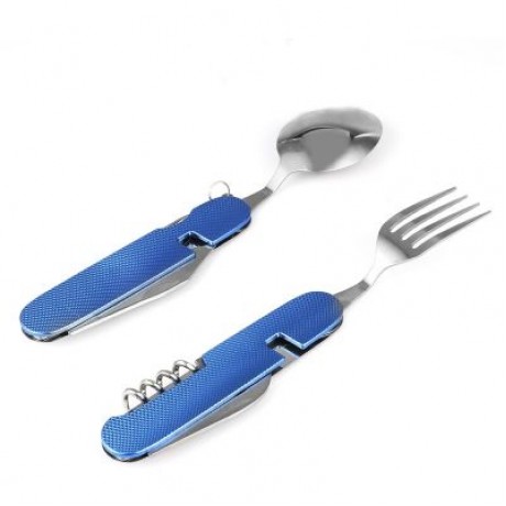 Multifunctional 6 in 1 Stainless Steel Folding Knife Spoon Fork (BLUE)