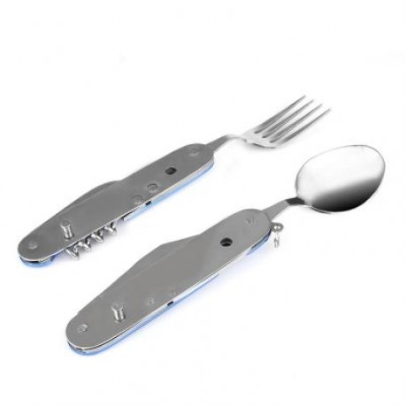 Multifunctional 6 in 1 Stainless Steel Folding Knife Spoon Fork (BLUE)